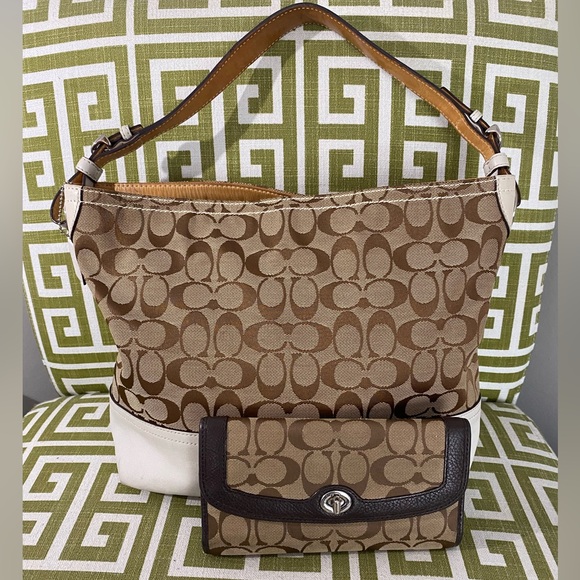 Coach Handbags - SOLD! COACH Signature Brown Jacquard Leather Bag & Turnlock Slim Envelope Wallet